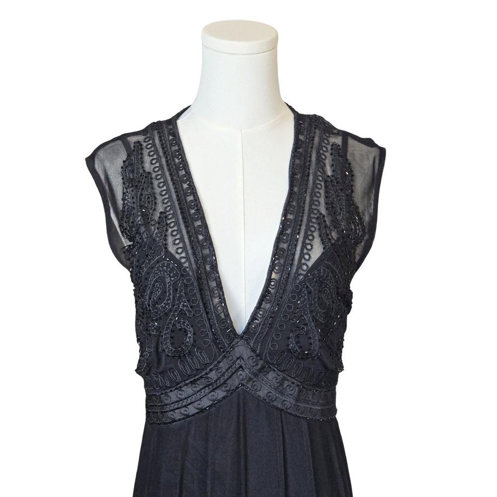 Mixit Black Beaded Mesh Overlay V-Neck Midi Cocktail Dress 10 1920s Inspired